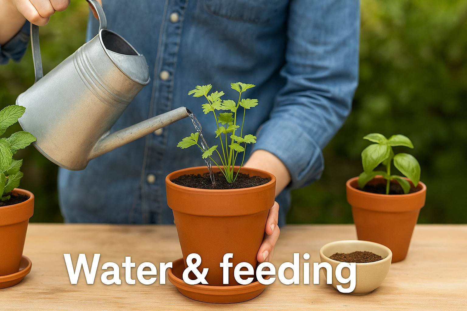 Gardener watering a parsley plant in a terracotta pot with a metal watering can, showing proper water and feeding techniques for a kitchen herb garden